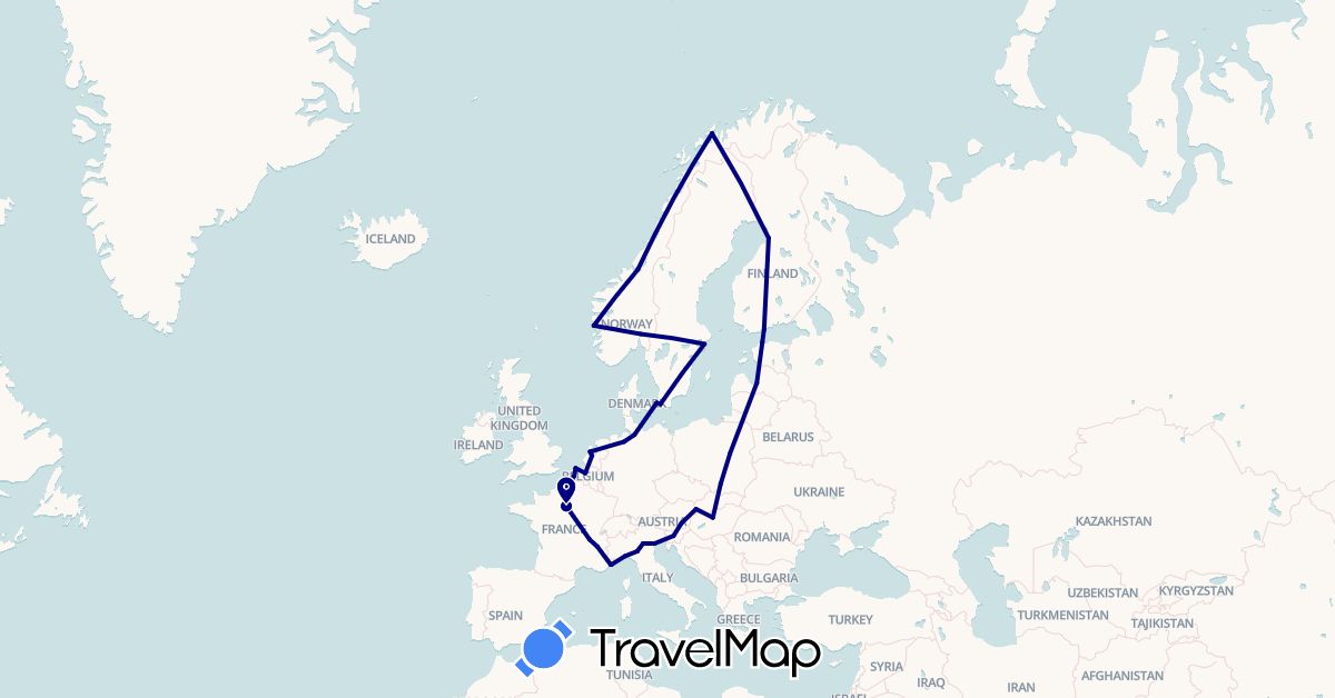 TravelMap itinerary: driving in Austria, Belgium, Germany, Denmark, Estonia, Finland, France, Hungary, Italy, Latvia, Monaco, Netherlands, Norway, Poland, Sweden, Slovenia, Slovakia (Europe)